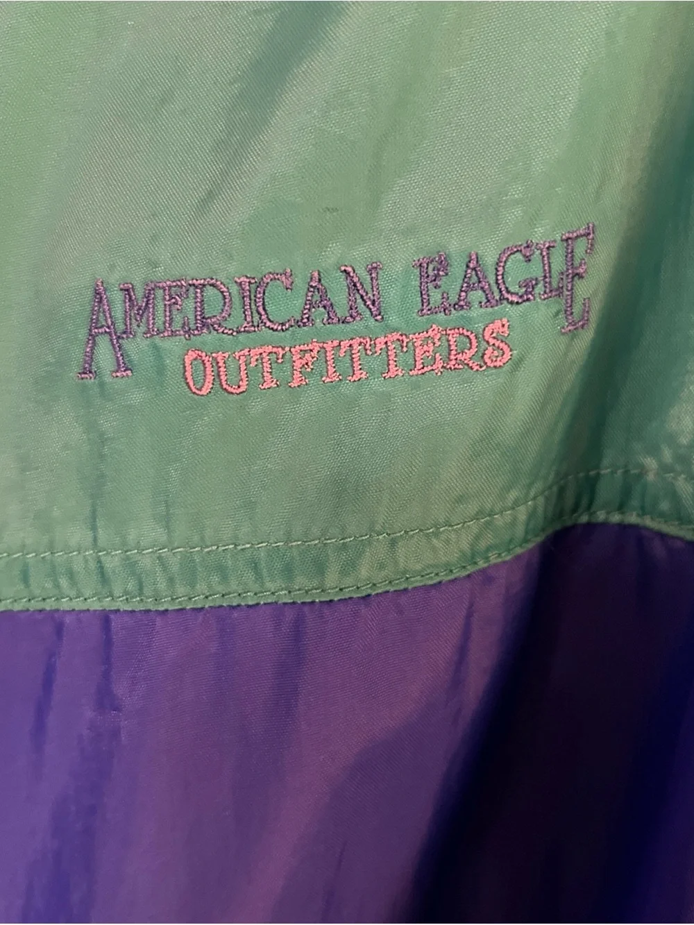 Vtg American Eagle Windbreaker Adult Hidden Hood Colorblock Teal/Purple 90’s Med